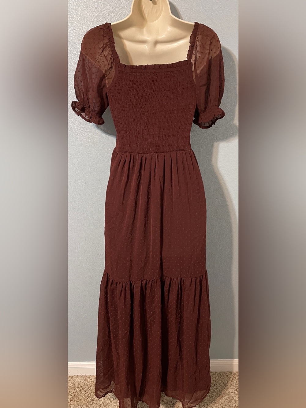 Patrons of Peace Burgundy Smocked Maxi Dress Swiss Dot Puff Sleeve Boho XS - Picture 3 of 8